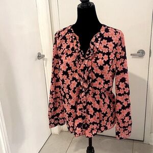 JACOB long sleeved Floral blue & pink button down blouse with Ruffles Size Large